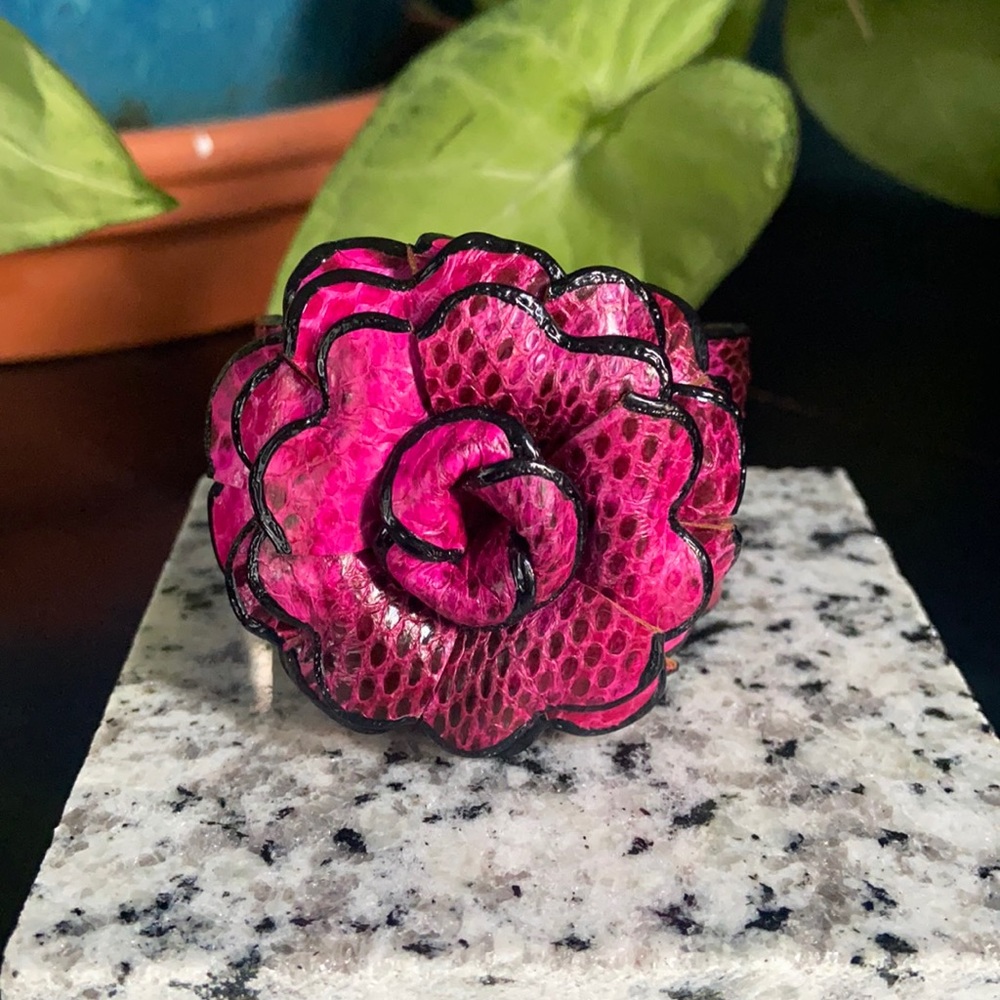 Fuchsia Floral Snake Print Leather Cuff Bracelet